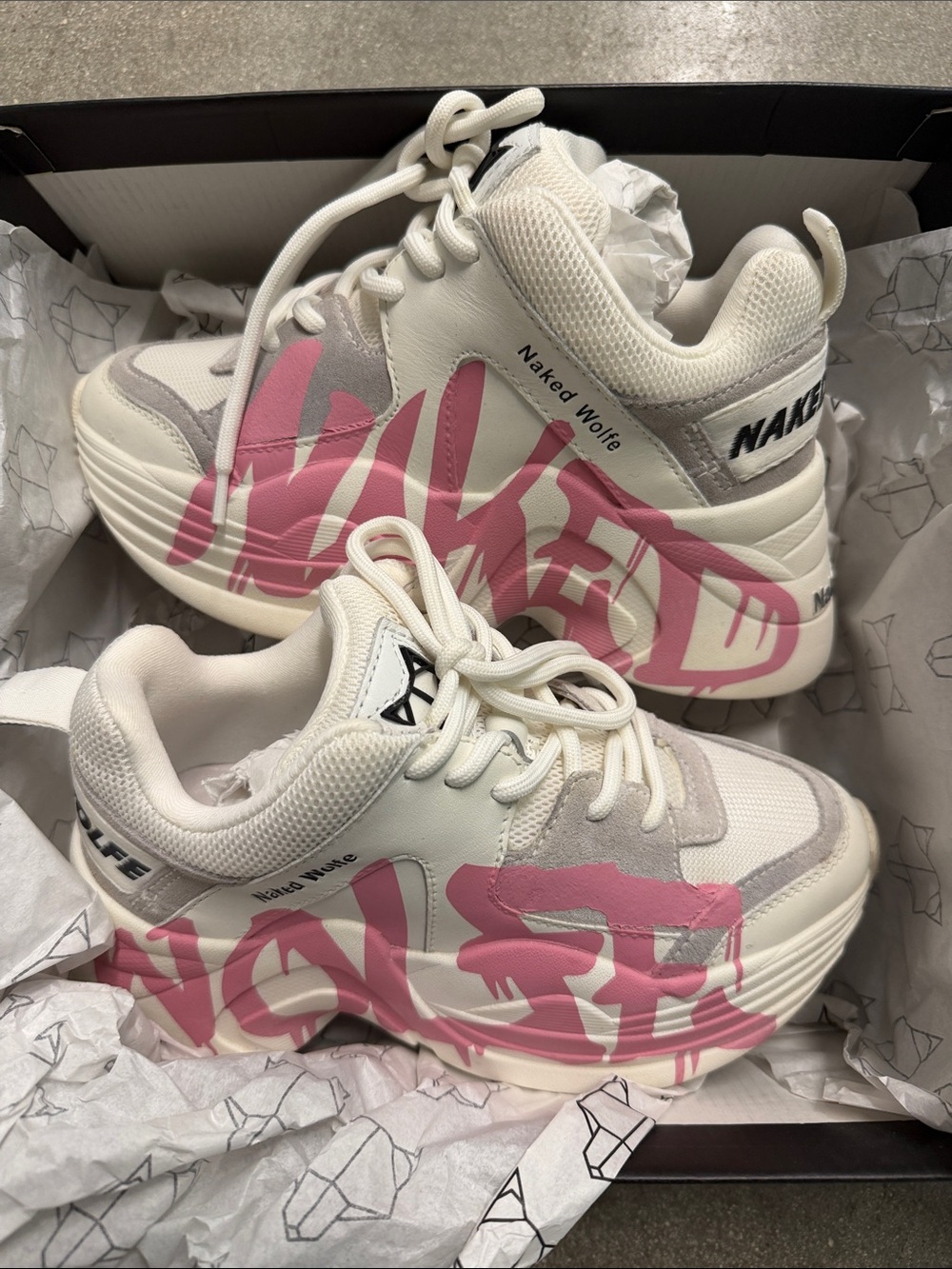 Naked Wolfe White Sneakers with Pink Graffiti Accent
